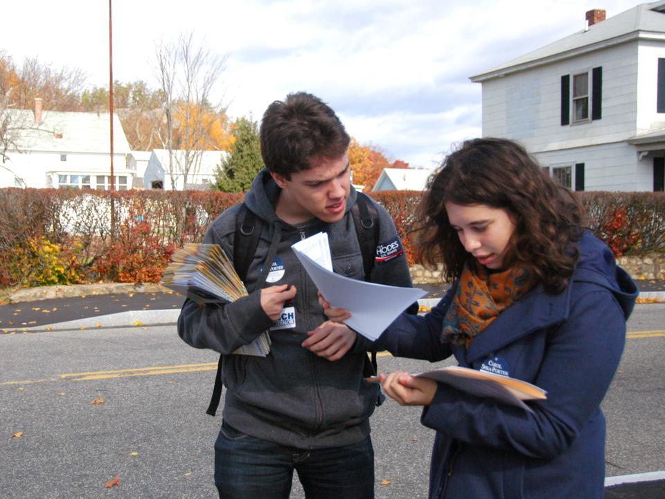 Gary Gerbrandt '14 and Allison Gofman '14 look over addresses to prepare for canvassing.