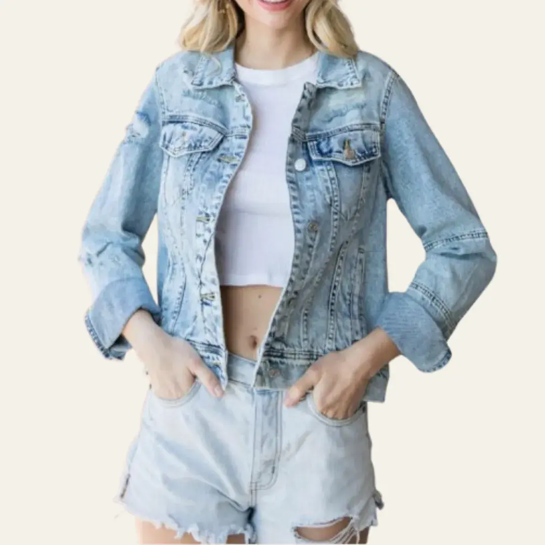 Veveret Distressed Button Up Denim Jacket