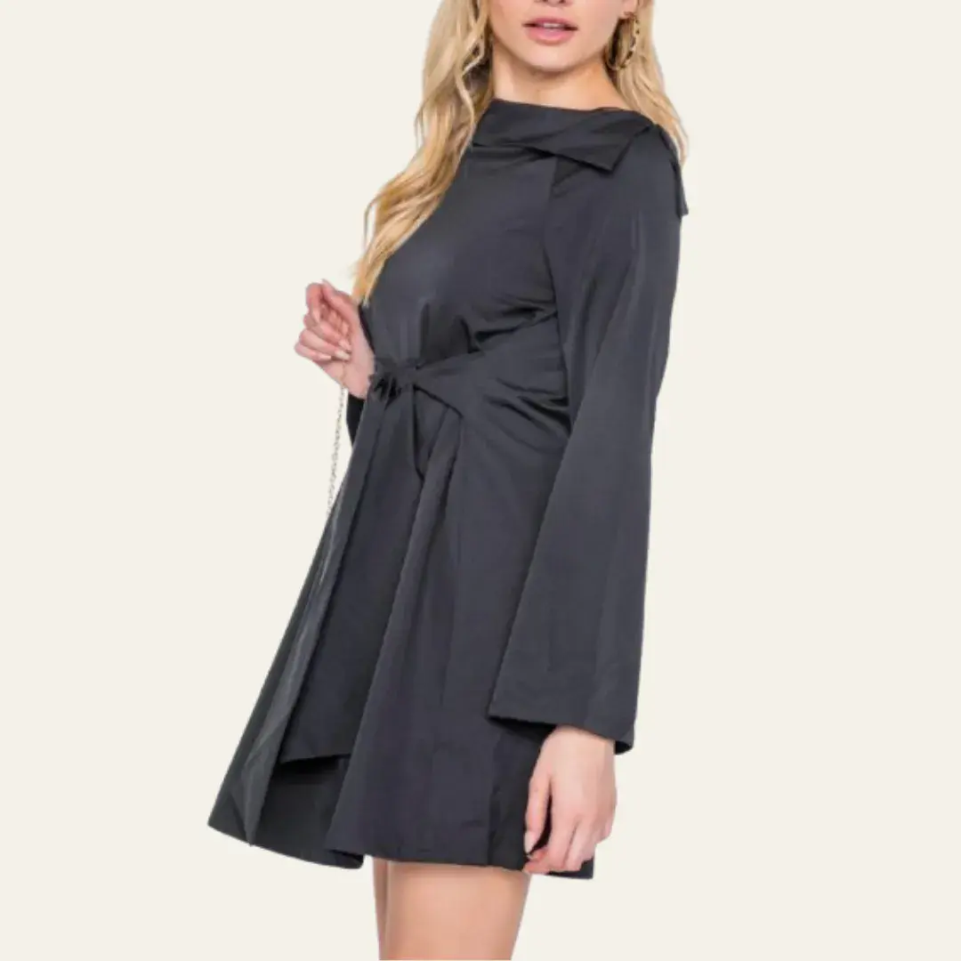 Straight Neck Solid Front-Tie Dress