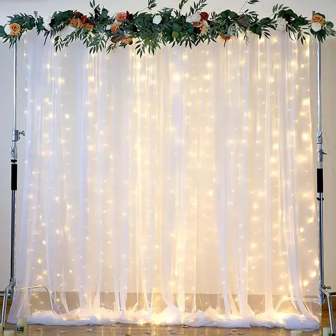 White Tulle Backdrop Curtain with Lights String
