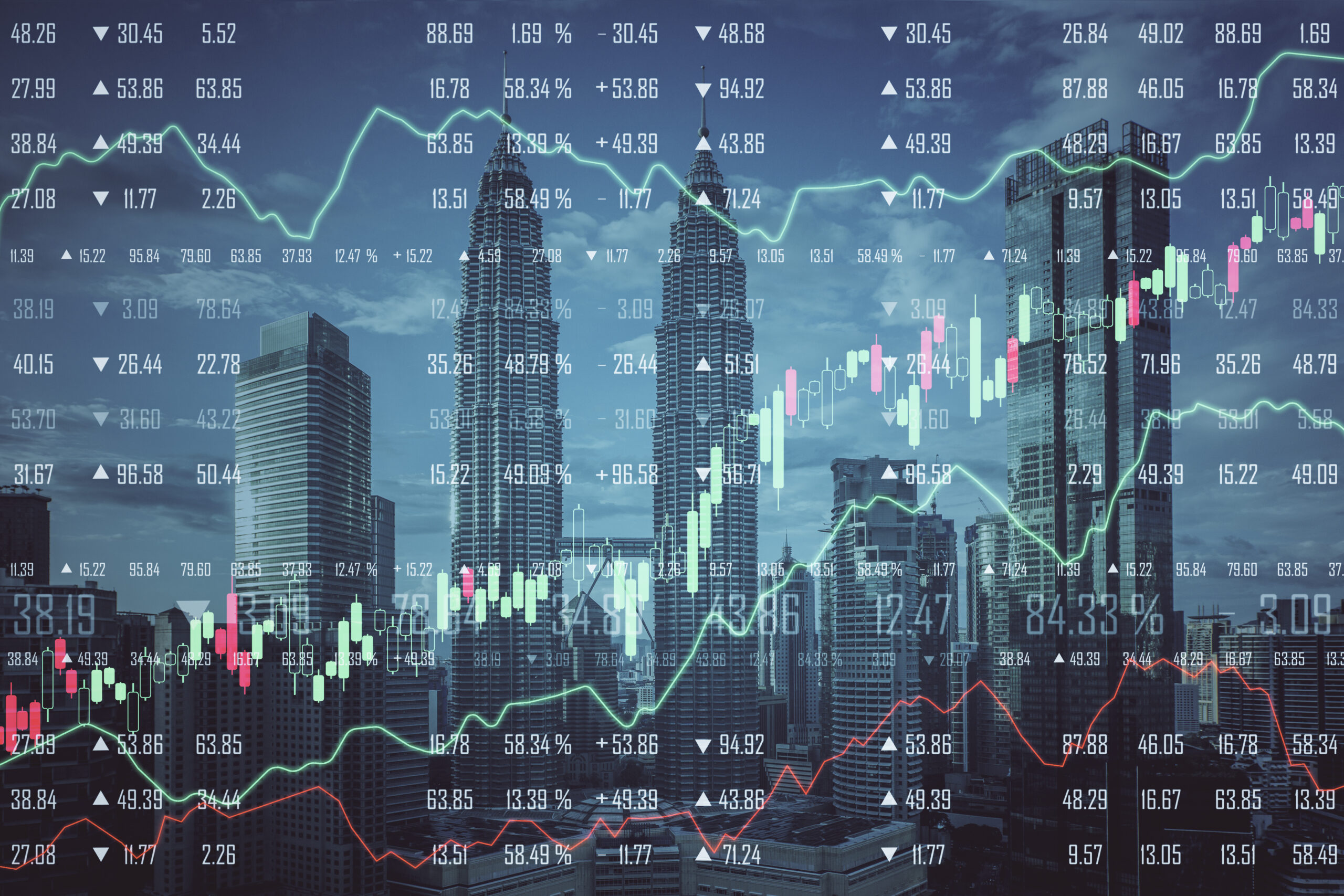 Stats and economy concept. Creative Kuala Lumpur city background with forex chart. Multiexposure