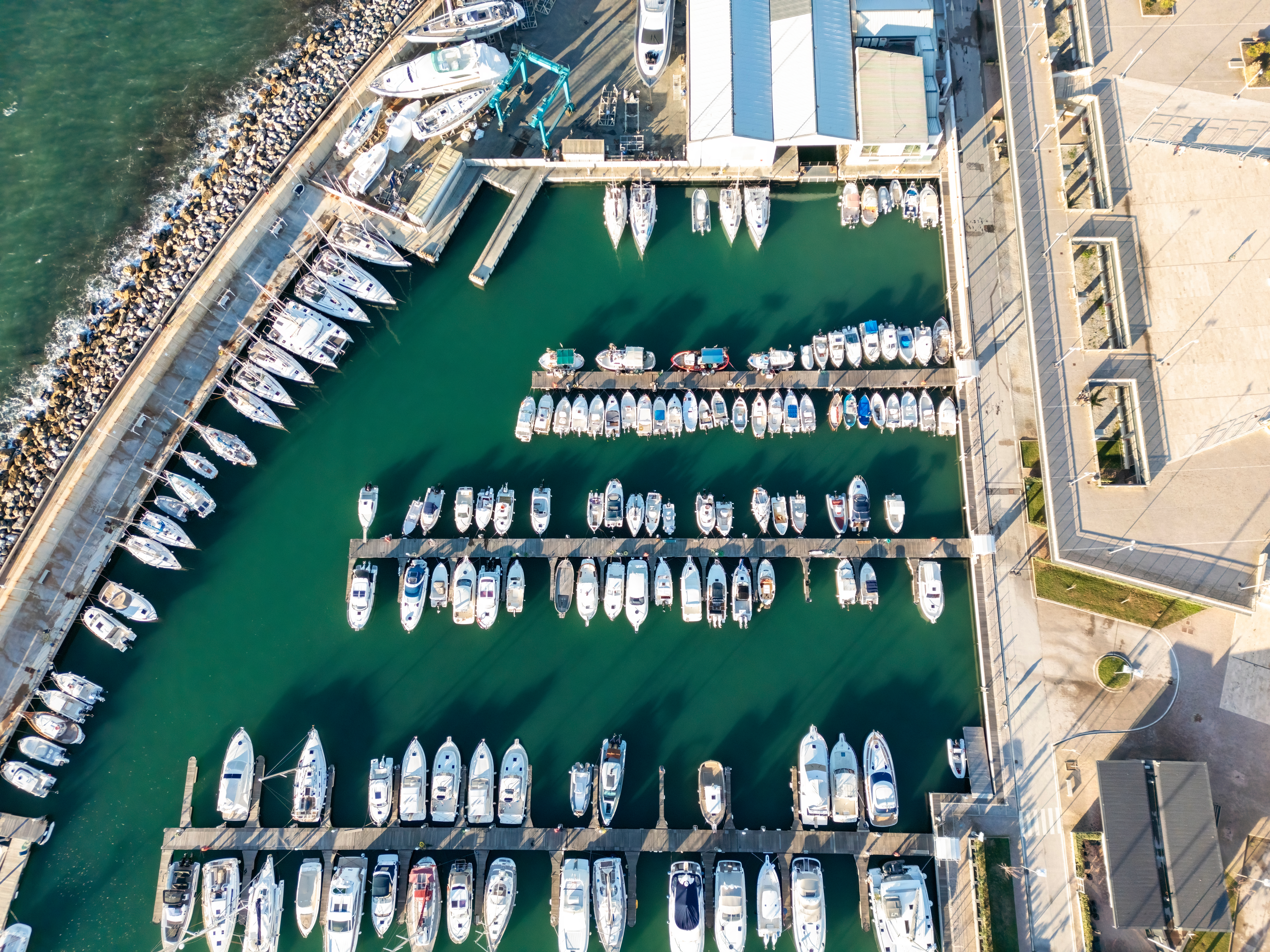 Aerial view of a tourist shipyard boats group
