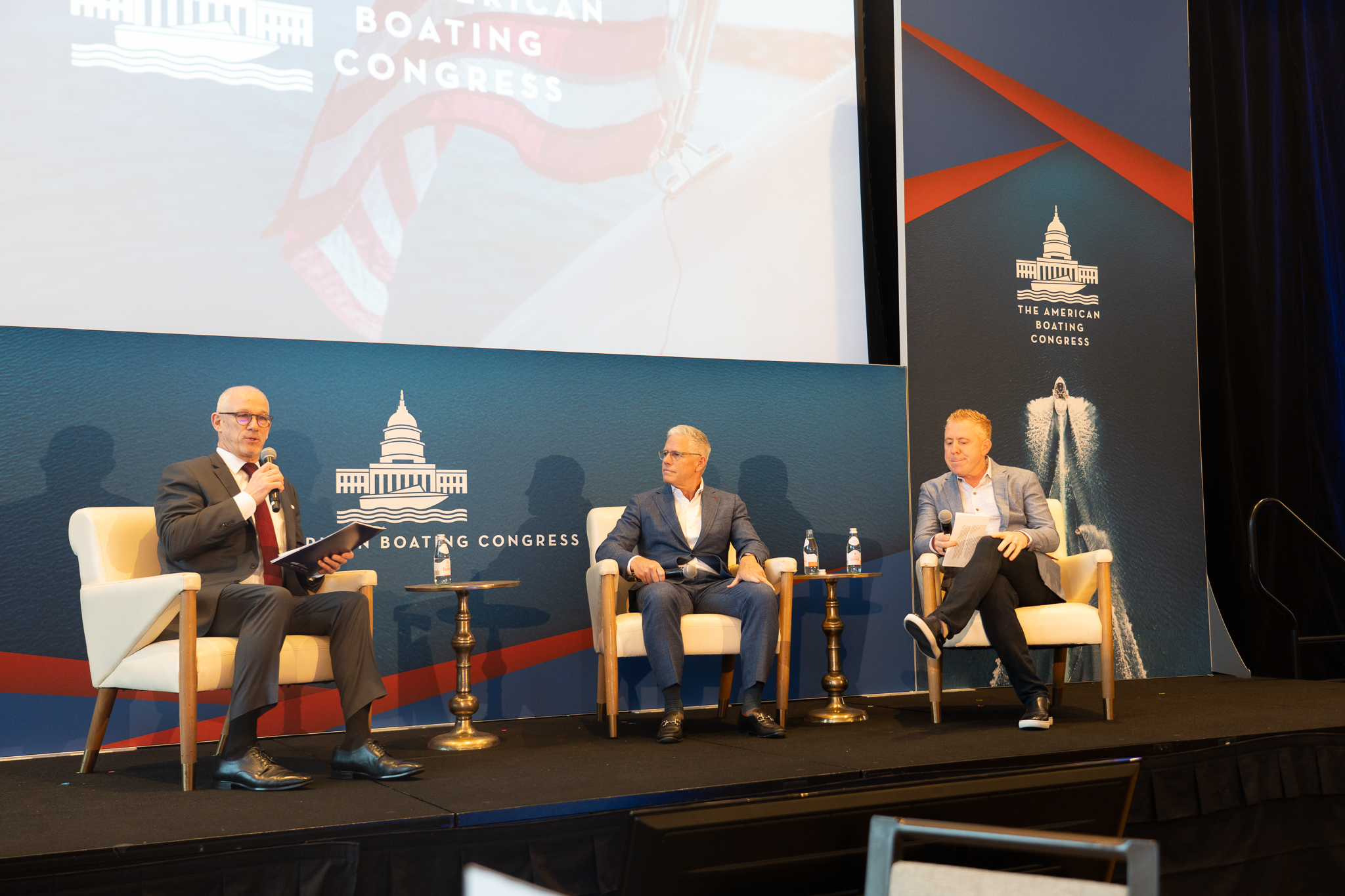 (From left) Frank Hugelmeyer, NMMA president and CEO, Brett McGill, MarineMax president and CEO, and Bryan Redmond, co-founder and CEO of Suntex Marinas. GARY REICH PHOTO