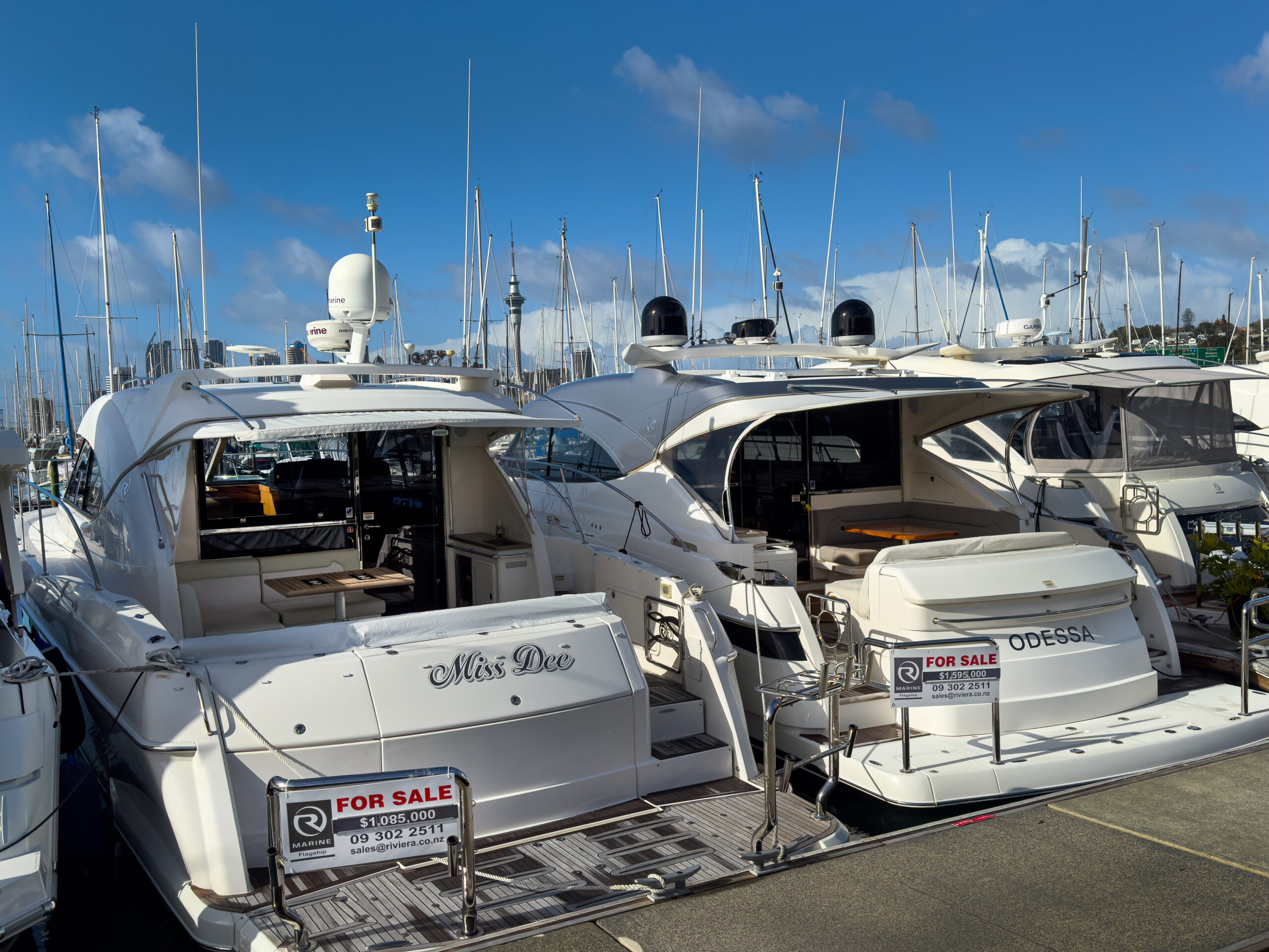 Luxury boats for sale with million dollar price tags. In Auckland, New Zealand on May 29, 2024 at Westhaven Marina. marketing