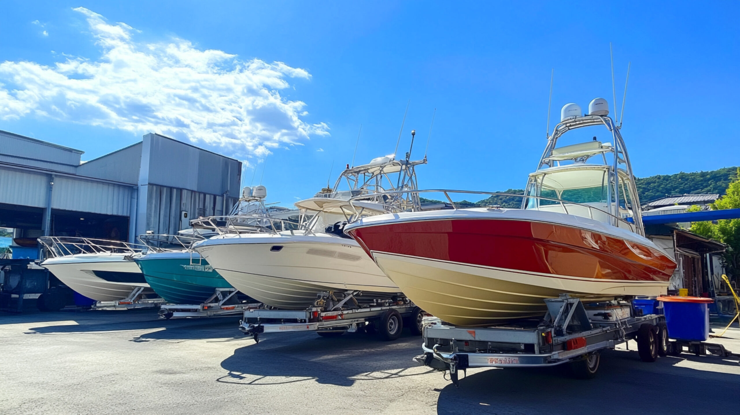 Boats on Trailer for Sale or Rent at Boat Sports Store – Sunny Day with Blue Sky mraa