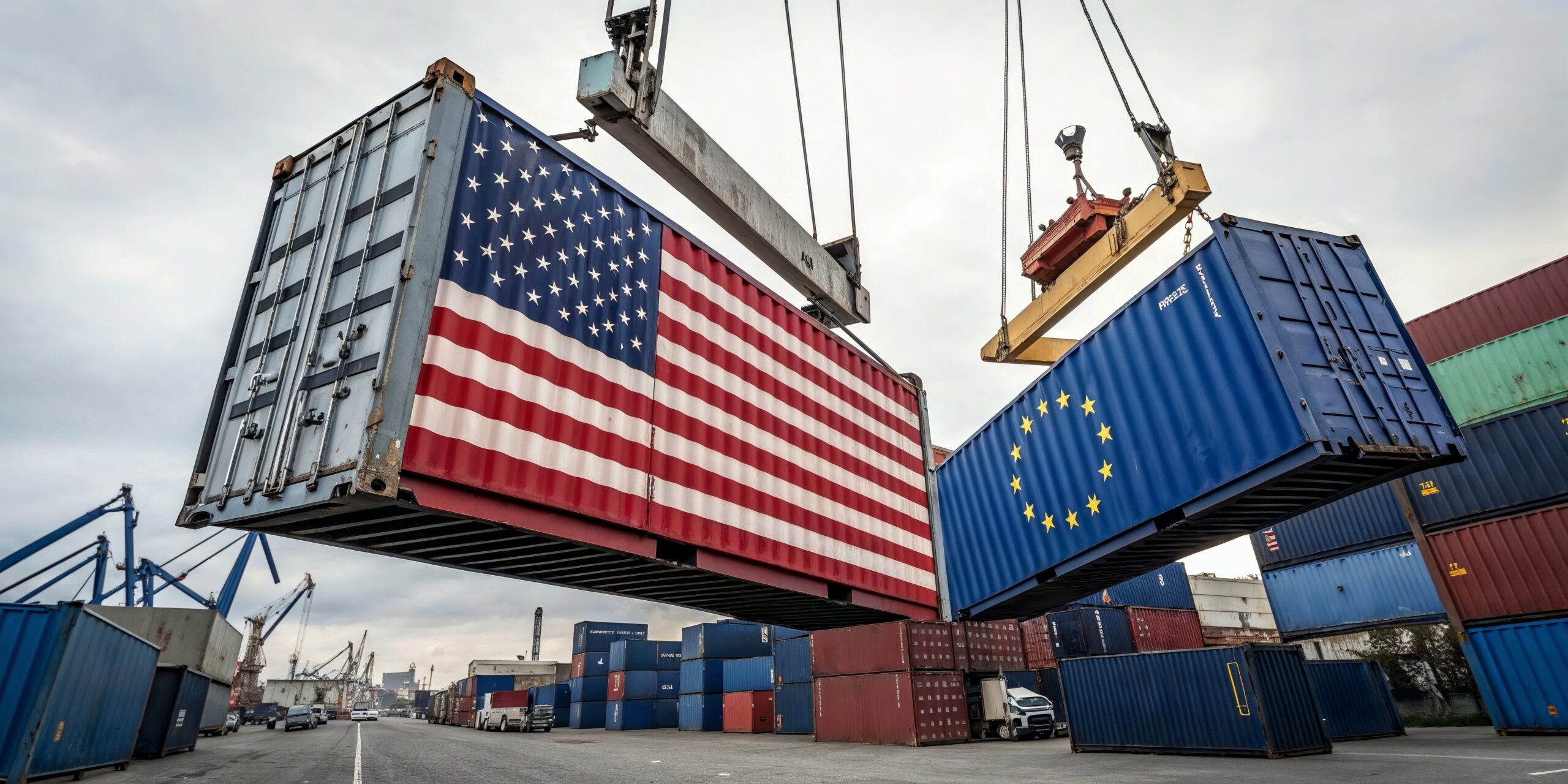 Sparks flying between two cargo containers with the american and EU flags, representing trade war, tarrifs and economic conflict AQUIR - STOCK.ADOBE.COM PHOTO