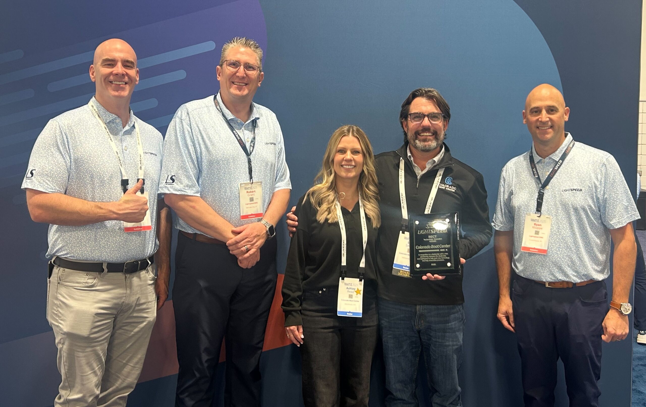 Colorado Boat Center won the RECT Technology Innovator Award at MRAA’s Dealer Week. (From left) Todd Smith, Lightspeed; Rob Grant, Lightspeed; Ashley Read, Colorado Boat Center; Eric Smith, Colorado Boat Center; Ryan Kloppe, Lightspeed. PHOTO COURTESY LIGHTSPEED