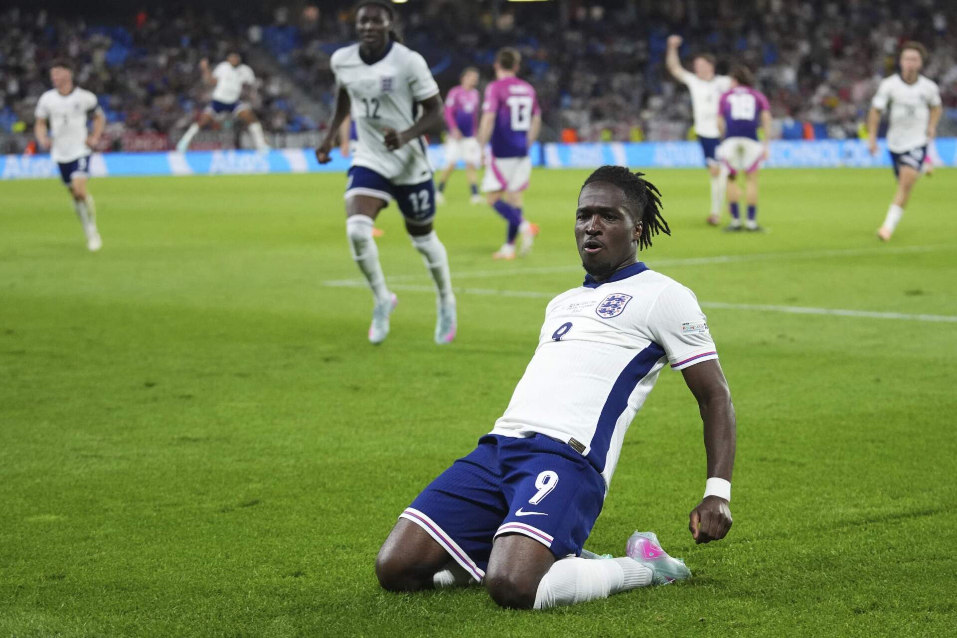 England's Jonathan Rowe celebrates after scoring his side's third goal during the European U-21 Championship final soccer match between England and Germany in Bratislava, Slovakia, on June 28, 2025. (Petr David Josek/AP)