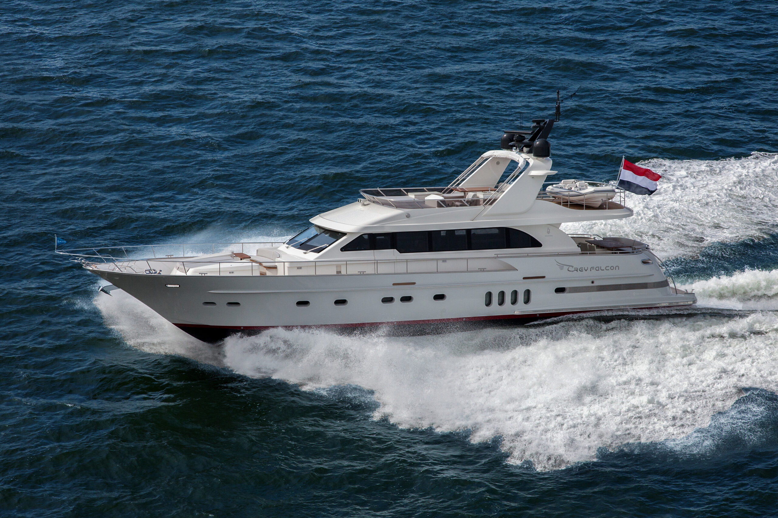 BN110_CTWO_Grey_Falcon_03 Thanks to her triple third-generation Volvo Penta IPS 1050 engines, Grey Falcon is one of the fastest vessels ever built by Van der Valk, and will clock a maximum speed of 32 knots.