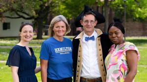 From left: Director of Digital Initiatives, Scholarship, and Collaboration Lisa McFall, Student Health Services Coordinator Stacie Wallace, President Steven Tepper, and Director of International Student Services Omobinike Odegbami.