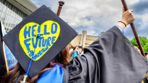Commencement cap with "hello future"