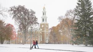 The Chapel in the first snowfall of the fall &rsquo;25 semester. Photo: Zack Stanek