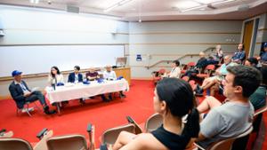 Frank Anechiarico '71, Erol Balkan, Katherine Gross '16, and Kunter Kula '11 participate in the "Hamilton's NYC Program at 25 Years: Past, Present, and Future" panel, moderated by NYC Program General Director Robert Knight