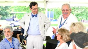 Hamilton's President Steven Tepper greets alumni at the DU Clam Bake