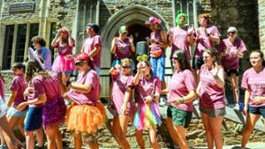 Orientation Leaders welcome new students and families at "the gauntlet"
