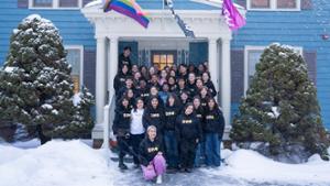DMC student ambassadors pose on a snowy day. Photo: Zack Stanek