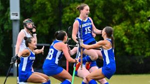 Hamilton field hockey defender Isabelle Nahon ‘27 (15) celebrates her first career goal in a game against #1 Middlebury at Goodfriend Field on Sept. 6.
