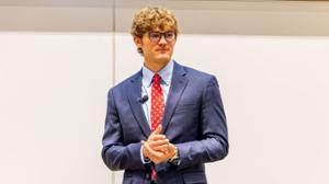 Nick Hollander &rsquo;26 during the 3 Minute Thesis competition