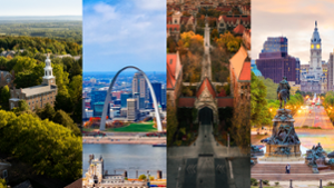 Aerial photos of Hamilton College, St. Louis, University of Chicago, and Philadelphia.