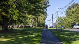 new walkway along the left side of College Hill.