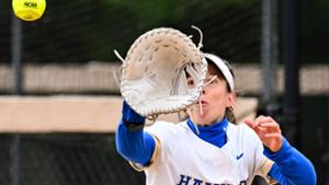 Hadley Rogers &rsquo;26 takes a peek at a putout for the Continentals softball team.