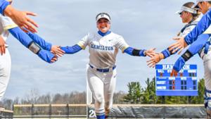 Sofia Santana &rsquo;26 with her Hamilton softball teammates.