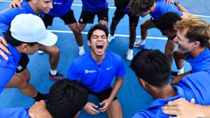 The men’s tennis team concludes practice at the Tietje Family Tennis Center.