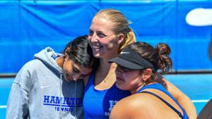 The women's tennis team reached double digits in victories (10-8 overall) for the first time since the 2018-19 season.
