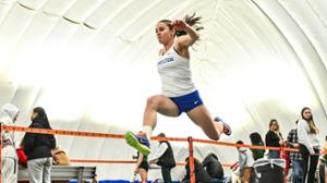 Long jumper Emmeline Stoetzel &lsquo;28 at the Utica University Winter Opener on the campus of Utica University in Utica.