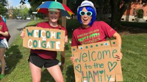 Julia Martin &rsquo;21, right, welcomes students to campus during Orientation 2019