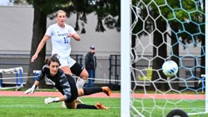 Women’s soccer forward Isabel Harvey ‘28 (11), scores a goal in a 2-0 win over Union College on Oct. 14.