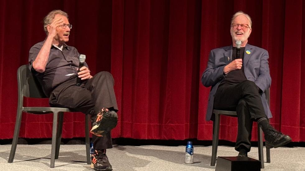 Filmmaker Larry Gottheim, left, discusses his work with Professor of Cinema and Media Studies Scott MacDonald