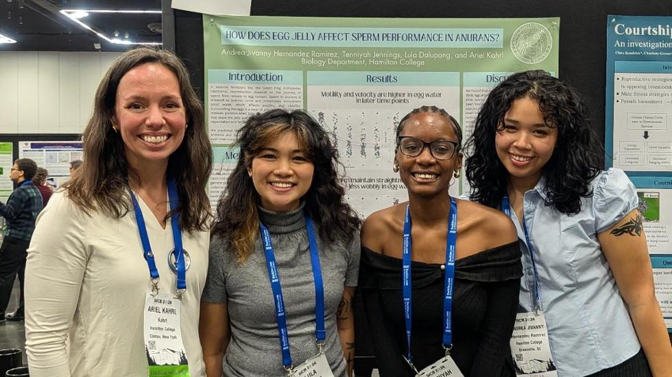 Assistant Professor of Biology Ariel Kahrl, Lula Dalupang '26, Tenniyah Jennings '26, and Andrea Hernandez Ramirez '26 at 2026 SICB