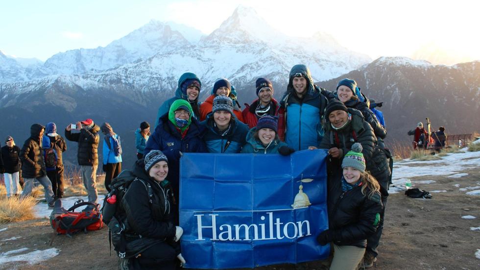 Some of the students, faculty and guides hiked to Poon Hill, a local lookout spot, to watch the sun rise over the Annapurna and Dhaulagiri massifs. Featured behind is the Dhaulagiri massif, home to the seventh tallest mountain in the world. Back from left: Chandra Subba, Ben Stoloff '19, Ella Dean '17, Gaby Pilson '17, Jack Gumina '19, Anne McGarvey '17. Middle from left: Sarah Jillings, Anna Mowat '18, Ilana Schwartz '17. front Front: Abigail Tulchinsky '18, Jade Alvillar '18. 