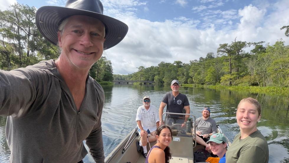 From left, Ryan Means (Coastal Plains Institute), Roger Portell (Florida Museum of Natural History), Rocio Rodriguez '28, G. Harley Means (Florida Geological Survey) Kristopher Kusnerik (Hamilton), Paige Wielgus '28 and Lexi Groff '29.