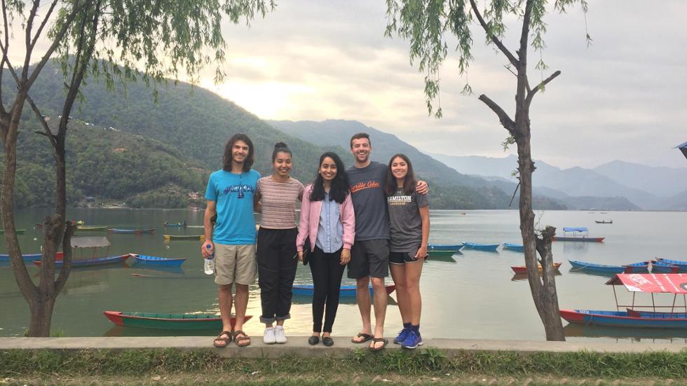Pokhara native, Sanju Koirala '19, met up with the Himalayan hikers (L-R) Jack Gumina, Urbana Anam, Koirala, Matt Casadei, Alex Hendry) in Pokhara