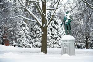 The Alexander Hamilton statue on a snowy winter day