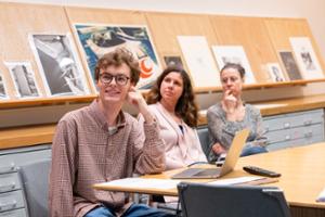 Will Kretz '26 talk with Wellin staff about purchasing an artist's work to be displayed in the Wellin Museum of Art.