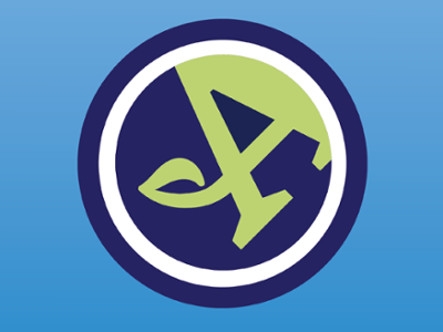 Hamilton Arboretum logo with a blue and white circle around a green A at an angle..