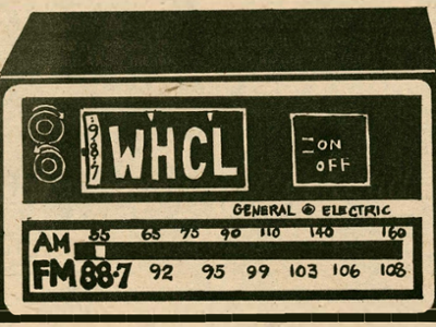 Drawing of an old radio with the WHCL call letters and 88.7 FM included.