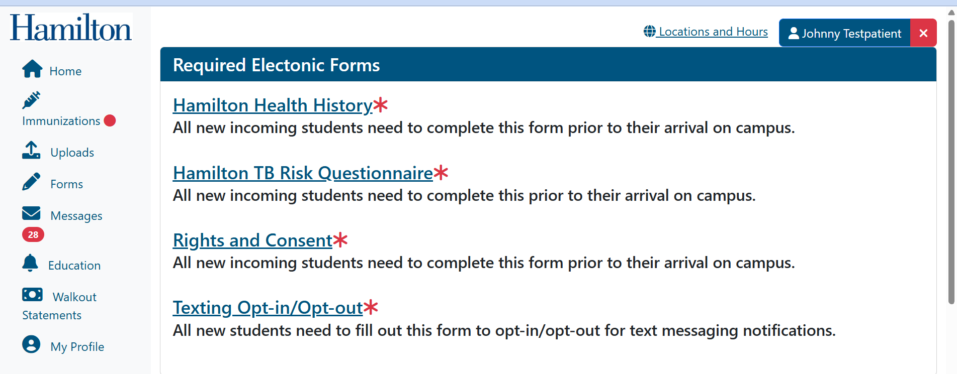 screenshot of student health portal