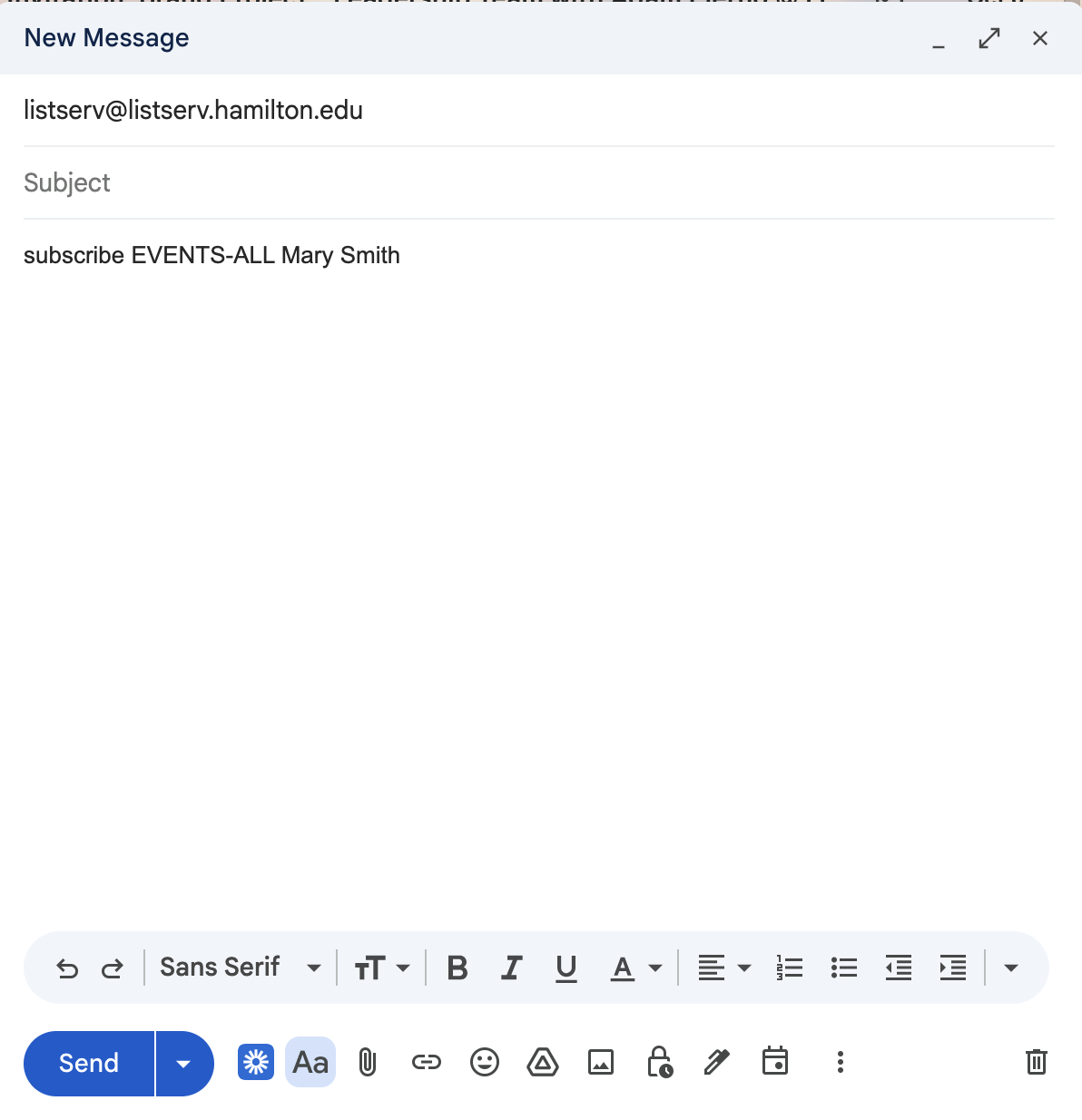 screenshot of subscribing to Listserv