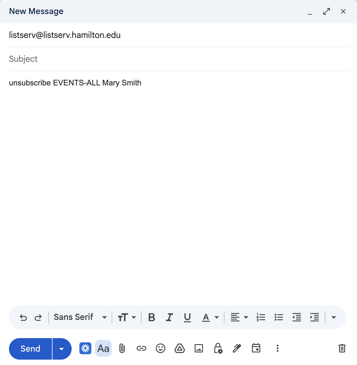 screenshot of listserv unsubscribe email