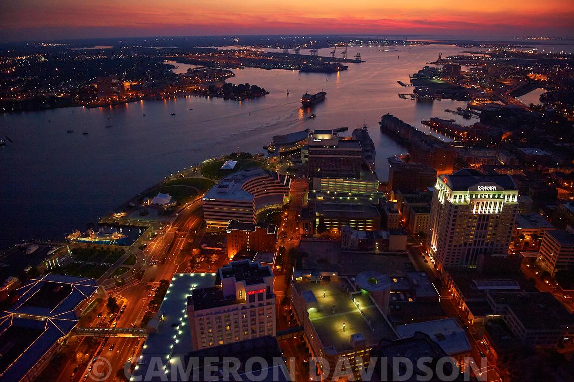 Aerial Stock | Downtown Norfolk Virginia at night.