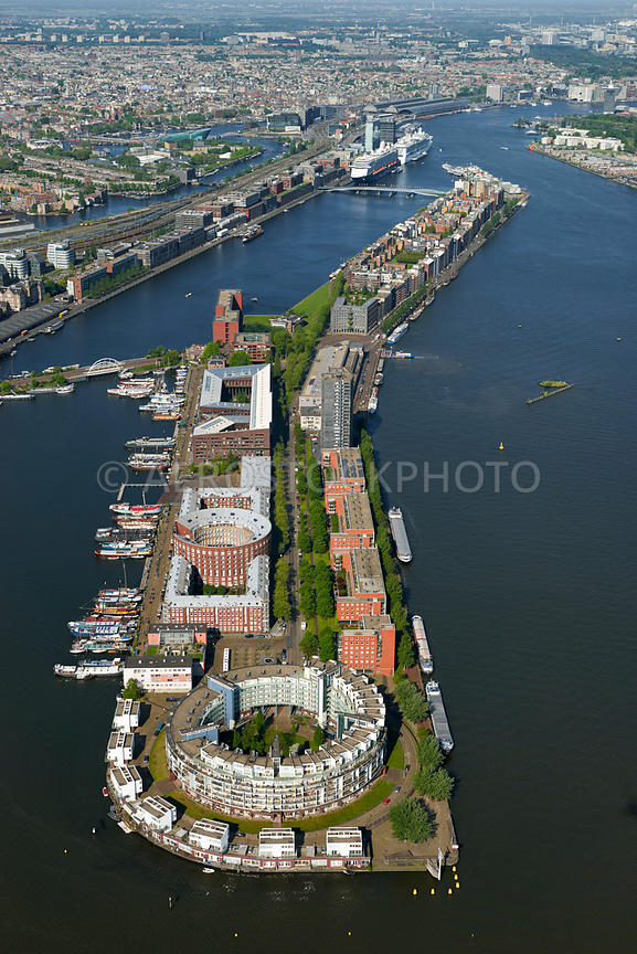 aerial view KNSM Island in the Eastern Harbour District or eastern docks area, Amsterdam, the