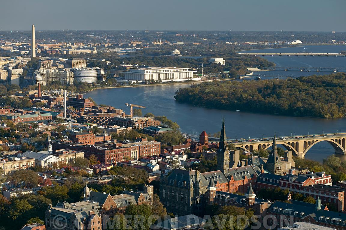 Aerial photograph of Georgetown, Key Bridge, the Potomac River and Washington DC