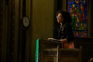 Page May speaks at an activism event