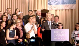 Rahm Emanuel delivers victory speech shortly after 9 p.m. on Tuesday.