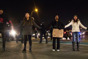 Protesters block of the intersection on State and Roosevelt