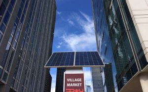 Solar panels between two buildings in downtown Chicago
